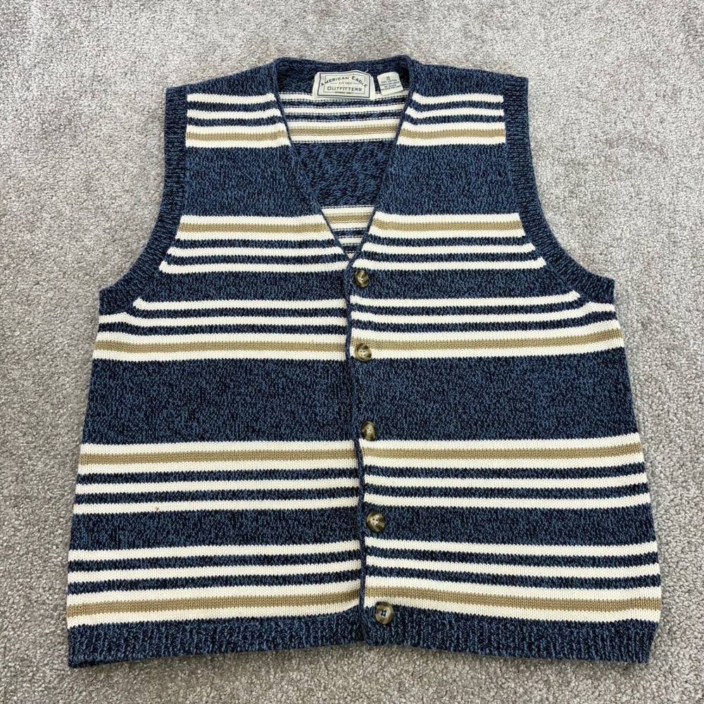 American Eagle Sweater Vest Mens Medium Striped Blue Cardigan 90s Cotton Vintage